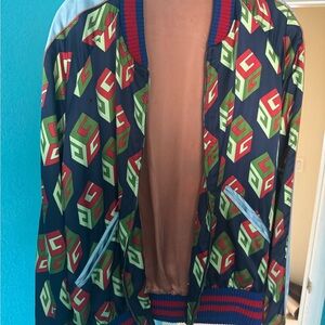 Gucci Navy Bomber Jacket with Red and Green Cube Motif